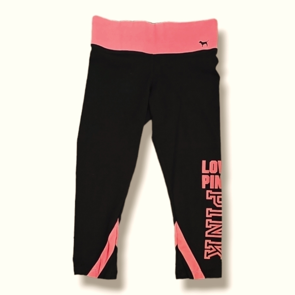 Victoria's Secret PINK Black & Fluorescent Coral Cropped Yoga Leggings - Size XS
